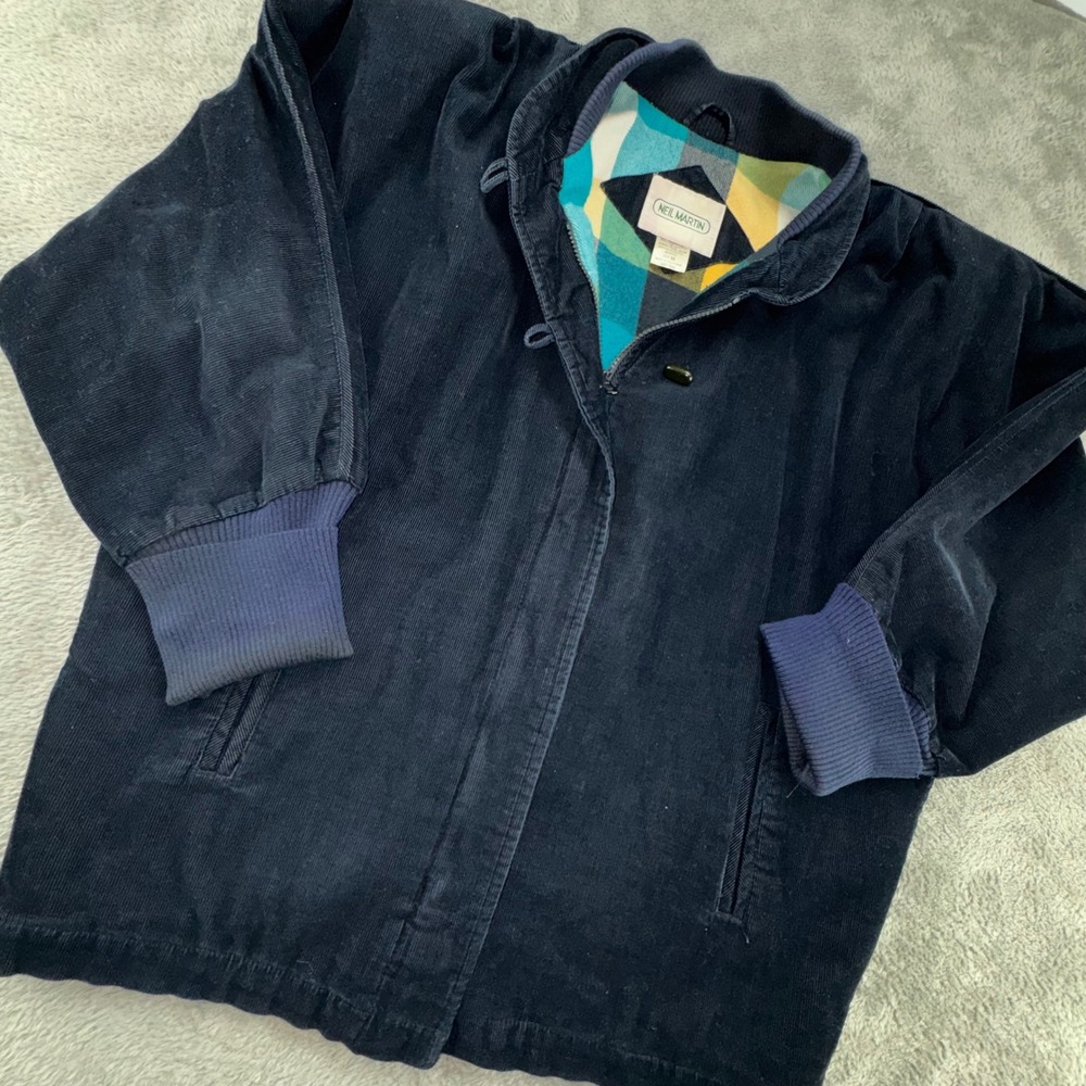 Neil Martin Corduroy Jacket Women M Navy Blue Excellent‎ Vintage Plaid Lined Zip